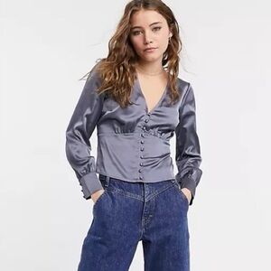 Abercrombie & Fitch Charcoal Satin Blouse w/ Button Detailing & Cinched Back S